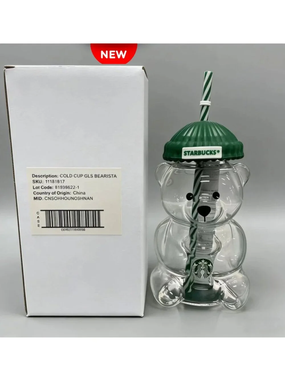 Starbucks Clear Glass Bear Tumbler with Green Ribbed Lid and Green-White Straw